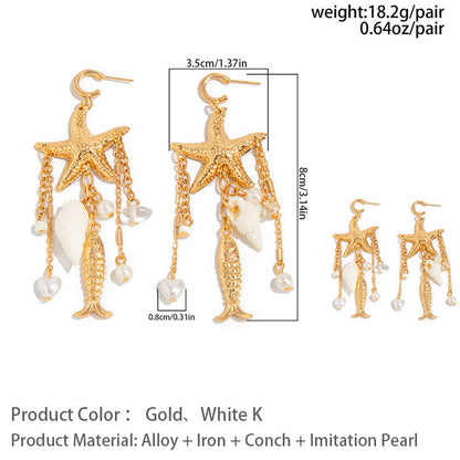 Beach-style starfish and jellyfish tassel earrings
