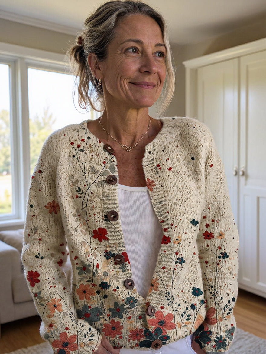 Vintage Flower Art Print | Buttoned Cardigan Sweater