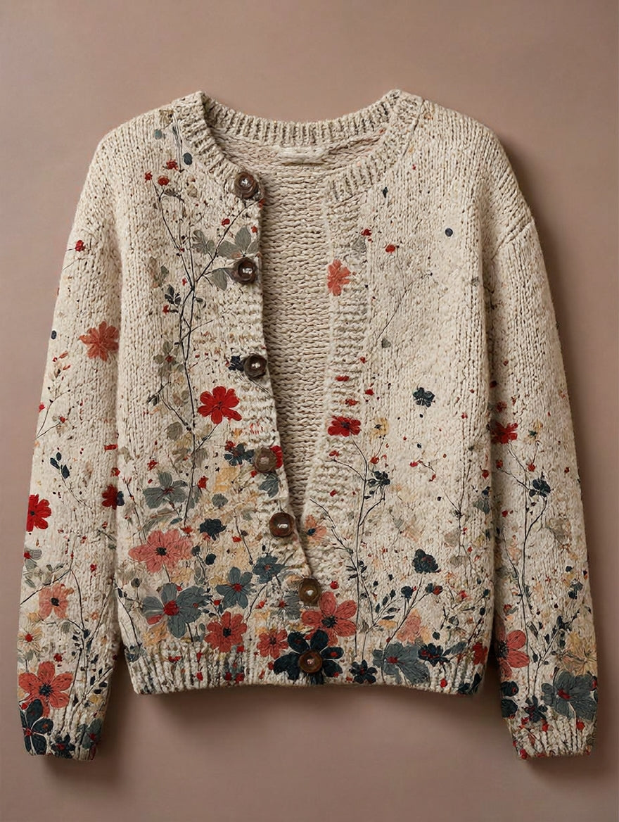 Vintage Flower Art Print | Buttoned Cardigan Sweater