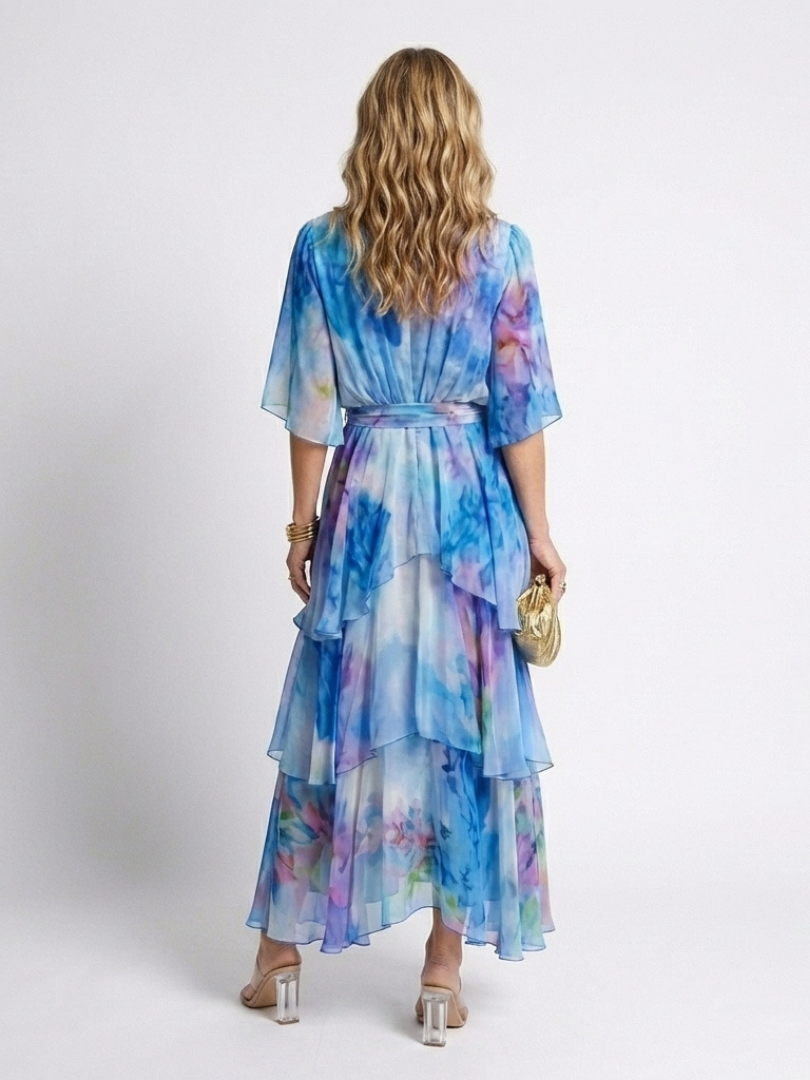 Piper | Sheer Layered V-Neck Tie Waist Short Flutter Sleeve Maxi Dress