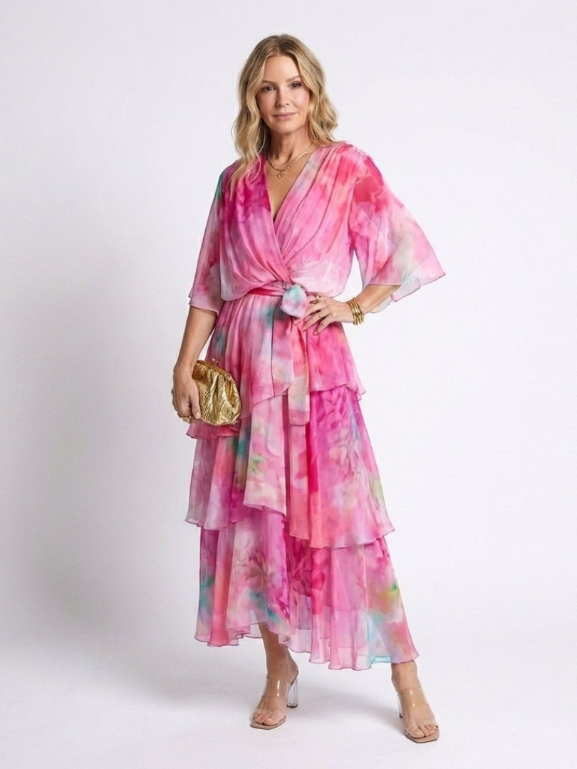Piper | Sheer Layered V-Neck Tie Waist Short Flutter Sleeve Maxi Dress