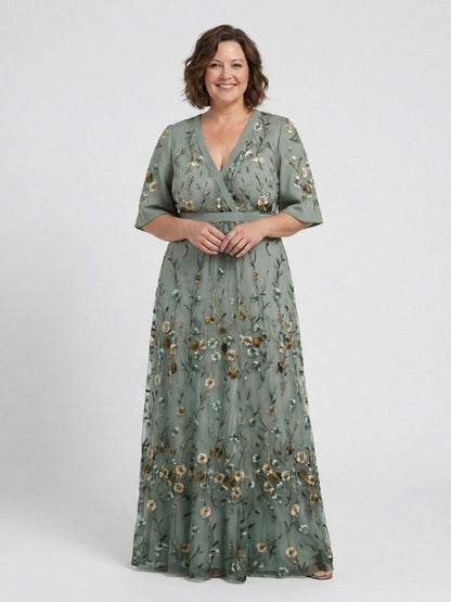 Isolde | Floral V-Neck Elbow-Length Sleeve Maxi Dress