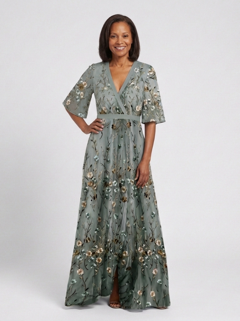 Isolde | Floral V-Neck Elbow-Length Sleeve Maxi Dress