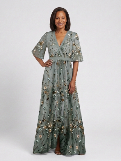 Isolde | Floral V-Neck Elbow-Length Sleeve Maxi Dress