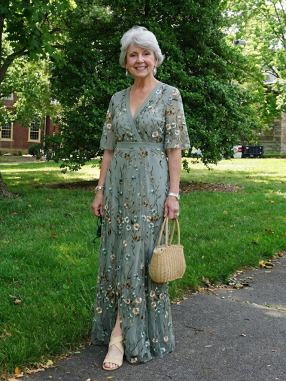 Isolde | Floral V-Neck Elbow-Length Sleeve Maxi Dress