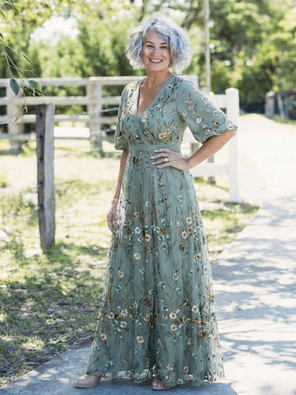 Isolde | Floral V-Neck Elbow-Length Sleeve Maxi Dress