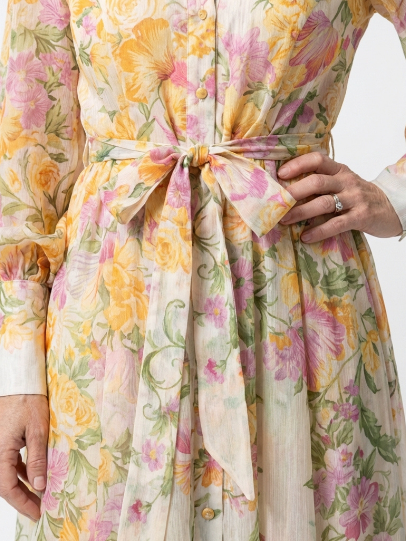 Petronella | Floral Print Sheer Long Sleeve Belted Button-Front Maxi Dress