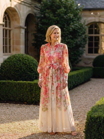 Petronella | Floral Print Sheer Long Sleeve Belted Button-Front Maxi Dress